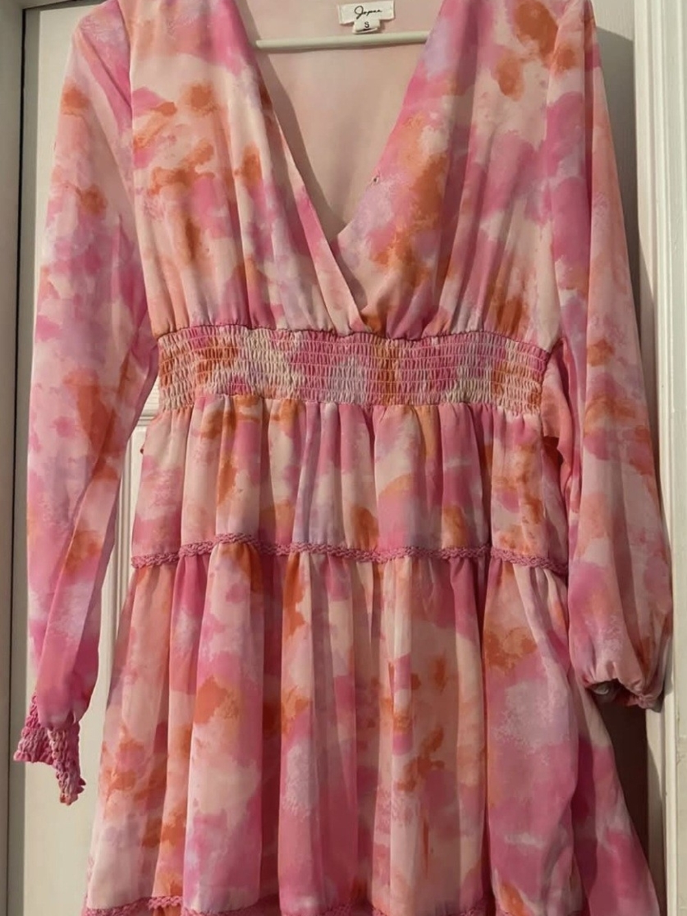 Smocked Waist Pink & Orange Long Sleeve Tiered Dress